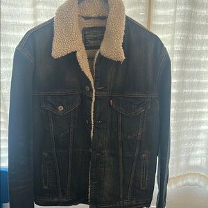 Levi's Men's Dark Denim Jacket with Cream Sherpa Collar